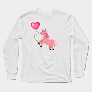 Cute Pink Unicorn & Heart Balloon Long Sleeve T-Shirt